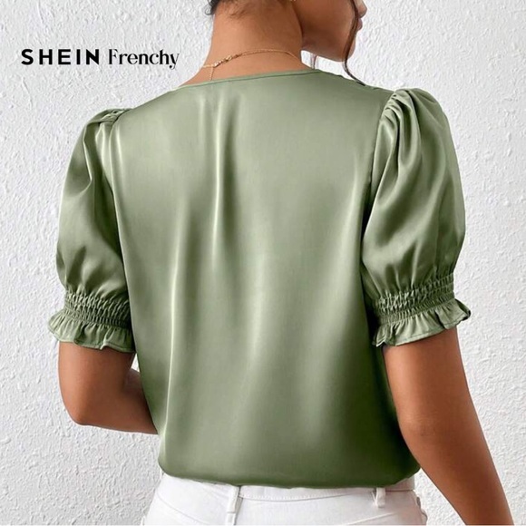 SHEIN / Frenchy Puff Sleeve Button Front Blouse top Mint Green M NWT - Picture 2 of 9